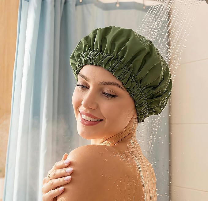 Reusable Shower Cap for Women, Large Waterproof Shower Bonnet with Elastic Band, Washable Bath Hair Cap for Long, Curly Hair, Braids, Daily Shower, Home Spa, Travel(Army Green)