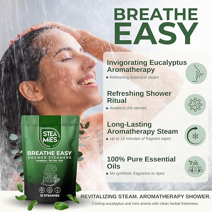 STEAMIES Shower Steamers Aromatherapy Breathe Easy 15 Pack – Premium Eucalyptus Essential Oils Tablets with Peppermint & Tea Tree, Stress Relief Self Care – Mothers Day Gifts for Mom, Gifts for Women