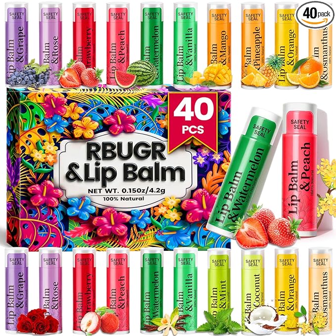 RBUGR 40 Pack Lip Balm - 12 Flavored Beeswax Moisturizing & Soothing Natural Lip Balms in Bulk Set for Women, Gifts Stocking Stuffers Party Favors (4.2g/0.15oz)