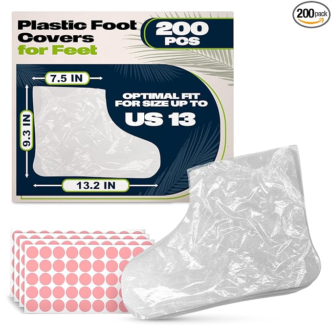200 Pcs Plastic Foot Covers for Feet – 13 US Leak-Proof, Durable, Ribbed Anti-Slip Design with 200 Stickers for Snug Closure – Plastic Socks for Moisturizing Feet, Great for Wax Foot Care & Hydration