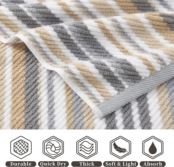 Beige Striped Hand Towels, Bathroom Hand Towels Set of 4, 16"x27" - 100% Cotton | Quick Dry | Absorbent | Light Weight, Soft Towel Set for Showering & Guest, Luxury Towel Gift, Tan and Gray