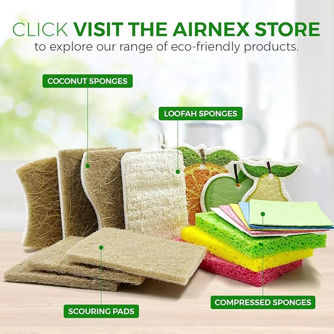 AIRNEX Natural Loofah Sponges for Dishes - Pack of 6 Plastic Free Loofah Kitchen Sponges with Cellulose Core & Cotton Loop - Non Toxic Natural Sponges for Dishes & Kitchen Cleaning