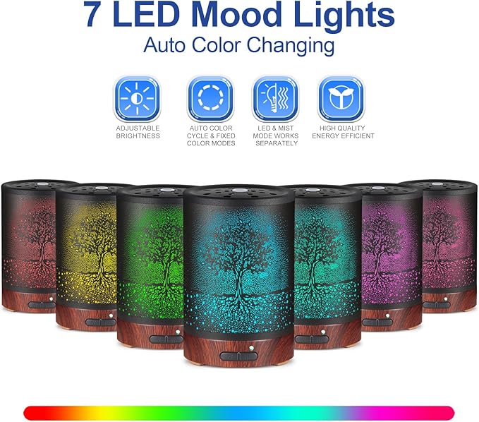 Essential Oil Diffuser- Aromatherapy Diffuser with7 Colors Light and Auto-Off for Women Metal Cool Mist Humidifier for Home and Office for Mom Women(Tree)
