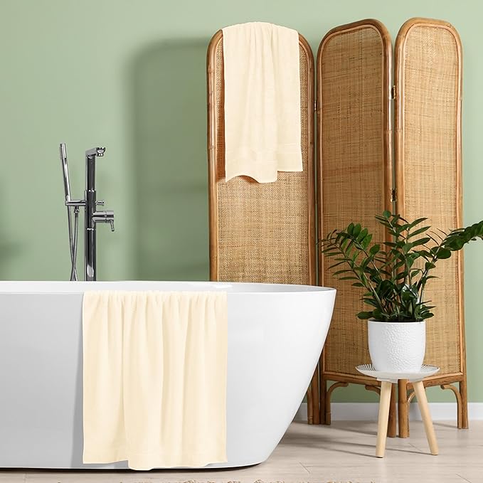 BELZZI Home Ultra Soft 4 Pack Oversized Bath Towel Set 27x54, Cotton Compact Bath Towels, Highly Absorbant Eco-Friendly Quickdry & Lightweight Towel, Ideal for Gym Travel Camp Pool - Ivory