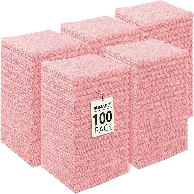 UNIMADE Washcloths Bulk - 100 Pack - Face Towels (12" x 12"), Highly Soft Wash Cloths and Hand Towels, Fast Drying Multi-Purpose Microfiber Cleansing Cloths for Bathroom, Hotel, Spa, and Salon - Pink