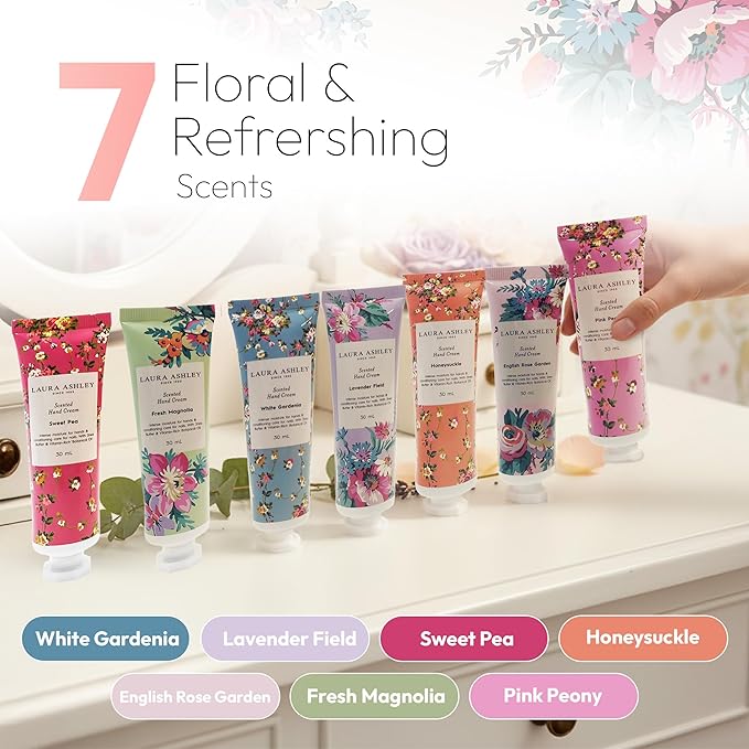 Laura Ashley Hand Cream Set - 7 Piece Hand Lotion Collection for Women, Travel Size Moisturizing Lotion for Dry Skin with Rose, Lavender, Magnolia & Floral Scents - 30ml Each