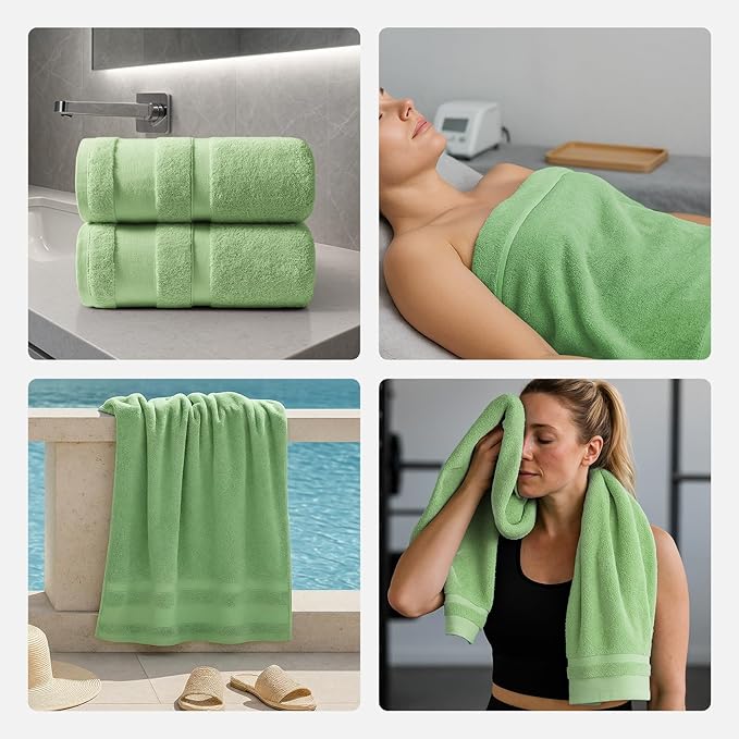 REDKISS 100% Cotton Bath Towels Set of 2, Extra Large Bath Sheets 35 X 70 Inches, Super Soft, Highly Absorbent & Quick Dry Shower Towels for Bathroom, Gym, Spa, Pool & Hotel, Green
