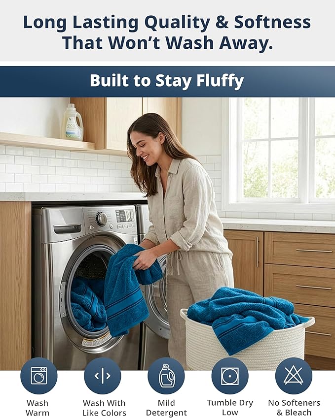 LANE LINEN Oversized Bath Towels - Zero Twist - Resists Pilling & Shedding - 4 Pack (35"x66") Extra Large Towel Sets - Soft, Fade Resistant & Quick Dry - Pre Shrunk to maintain perfect size - Sea Port