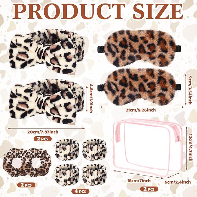 Hoteam 10 Pcs Spa Party Supplies Gift for Mother's Day Sleepover Party Favor Spa Headband Wristband Sleep Eye Mask Velvet Scrunchies for Skin Care Makeup Slumber Night Favor(Leopard Print)