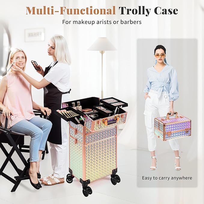 3 in 1 Rolling Makeup Train Case Professional Large Cosmetic Trolley Cosmetology Case on Wheels Traveling Cart Trunk for Hairstylist Artist Nail Beauty Salon Barber, Colorful