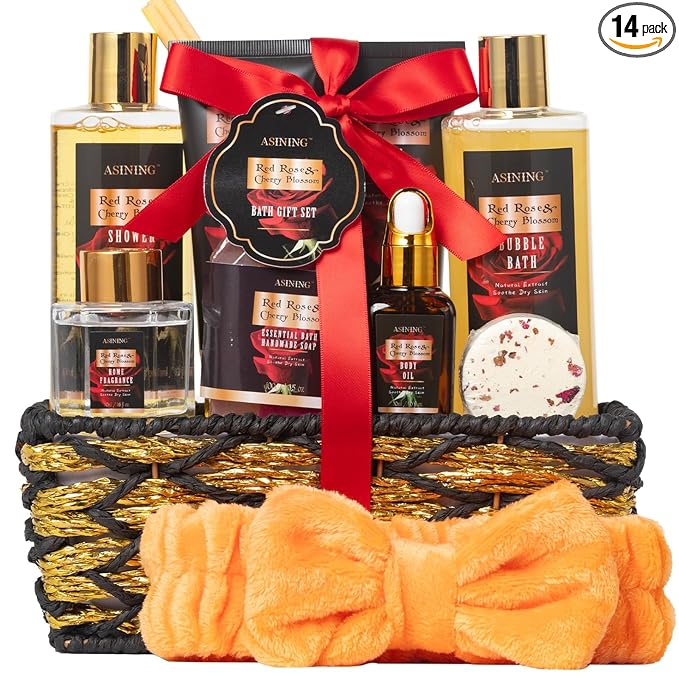 Luxury 14 pcs Cherry Blossom & Rose Bath and Body Basket Gift, Face Skin Care Kit, Home Spa Self Care, Relaxing Care Kit, Birthday, Christmas, Mother, Bridal Shower, Anniversary