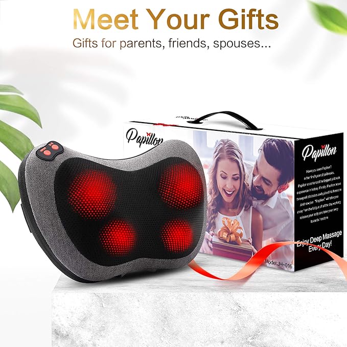 Papillon Shiatsu Back Massager with Heat, Mothers Day Gifts for Mom, Wife, Women & Her,Deep Tissue Massage Pillow for Neck,Shoulder,Foot & Lower Back Pain Relief,Gifts for Women,Her, Dad, Men (Gray)