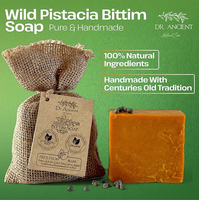Dr.Ancient Wild Pistacia Bittim Soap Bar, Organic Soap Bars Handcrafted the Traditional Way, Natural Chemical-Free, Vegan, Used for Face Wash, Body Wash, Hand Cleansing and Skin Care