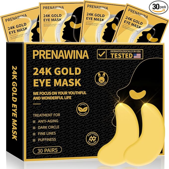 Under Eye Patches for Puffy Eyes Treatment 30 Pairs, 24K Gold Under Eye Masks for Dark Circles and Puffiness, Eye Gel Pads w/ Collagen, Sodium Hyaluronate, Rose Essence for Eye Bags Treatment