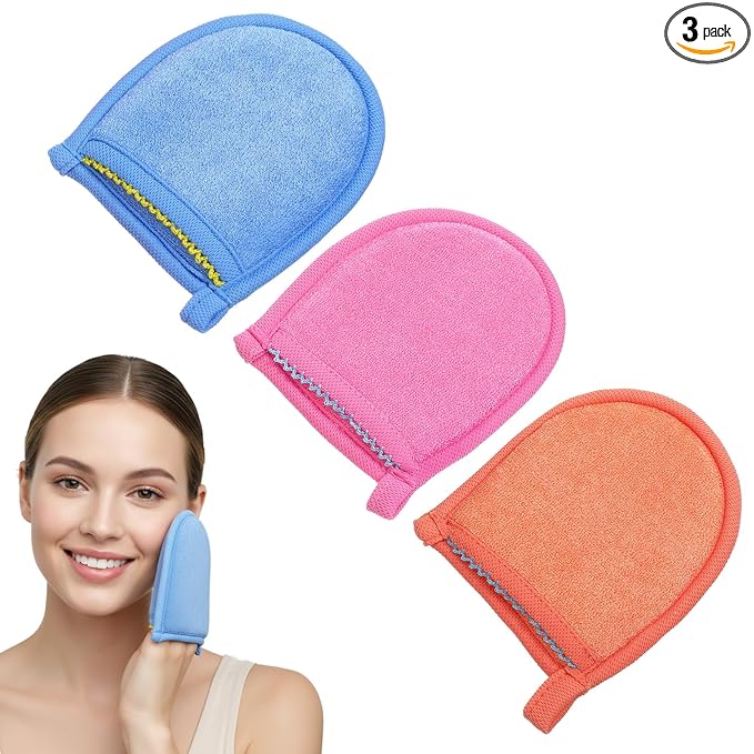 3 Pcs Exfoliating Gloves, Natural Plant Fiber Facial Scrub Mitts, Deep Exfoliating Mitt for Face and Body to Remove Dead Dry Skin, Exfoliation Tool for Men Women Bath Shower Spa