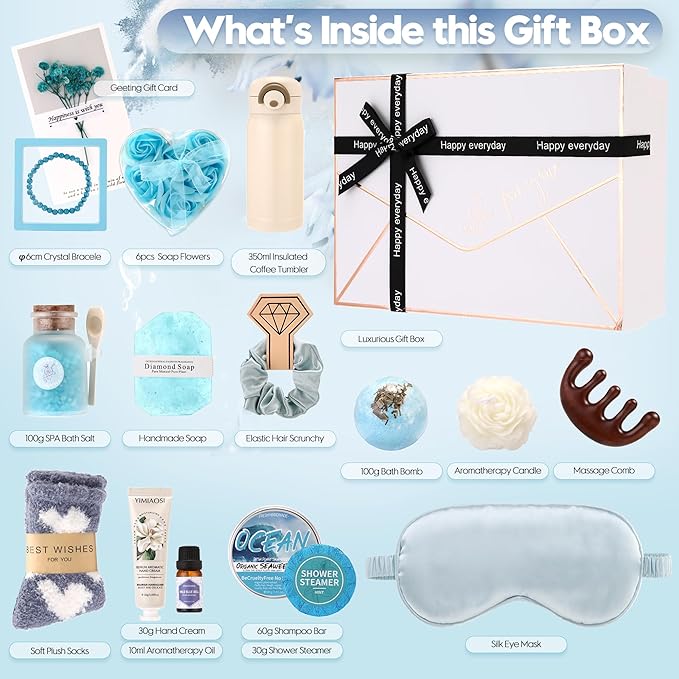 Sea Team 16-Pack Relaxing SPA Gift Set for Women, Valentine Day Gift, Shower Kit with Bath Bomb, Bath Salt, Handmade Soap, Cream, Essential oil, Gift Box Included, Bluebell