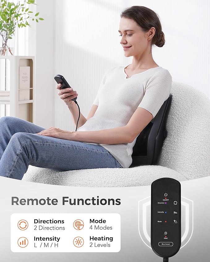 Boriwat Shiatsu Back Massager for Pain Relief Deep Tissue-Movable Electric Neck Back Massager with Heat- Rechargeable Cordless Massage Heated Lower Back Massage for Office/Home/Car-Gift for Men Women