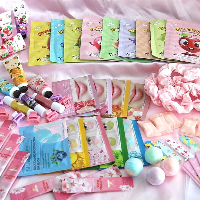 224 Pcs Spa Party Favors for Women, Include Facial Mask, Face Cream, Hand Creams, Lip Balms, Under Eye Patches, Lip Mask, Foot Bath Bombs, Sleepover Party Supplies Bulk Womens Gifts