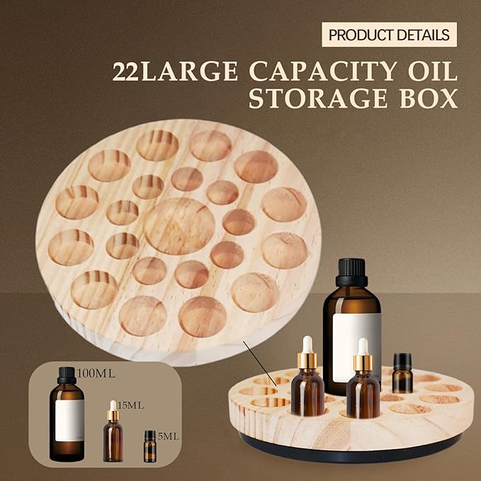 VolksRose Rotating Essential Oil Organizer - Wooden Bottle Storage with 22 Holes for 5ml/15ml/100ml, Pinewood Fragrance Stand for Roller Bottles, Perfume - Home Spa Nail Polish Display Stand