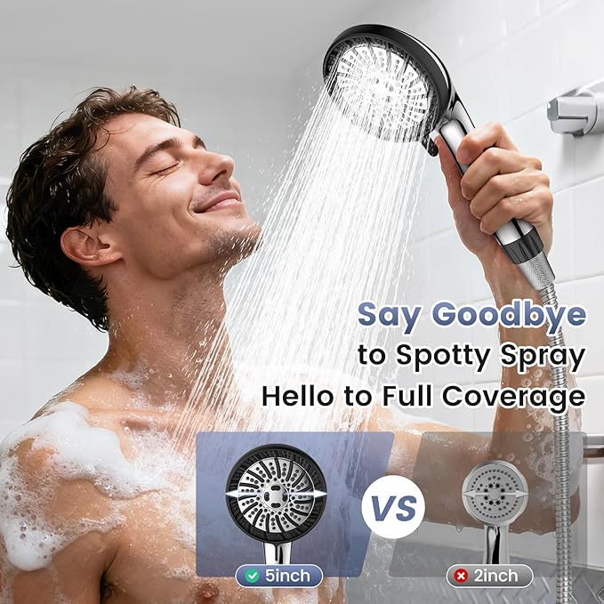 PWERAN High Pressure Shower Head with Handheld, Filtered Shower Head with 8 Mode, Water Softener Anti-clog Nozzles, Built-in Power Wash, Stainless Steel Hose,Overhead Brackets