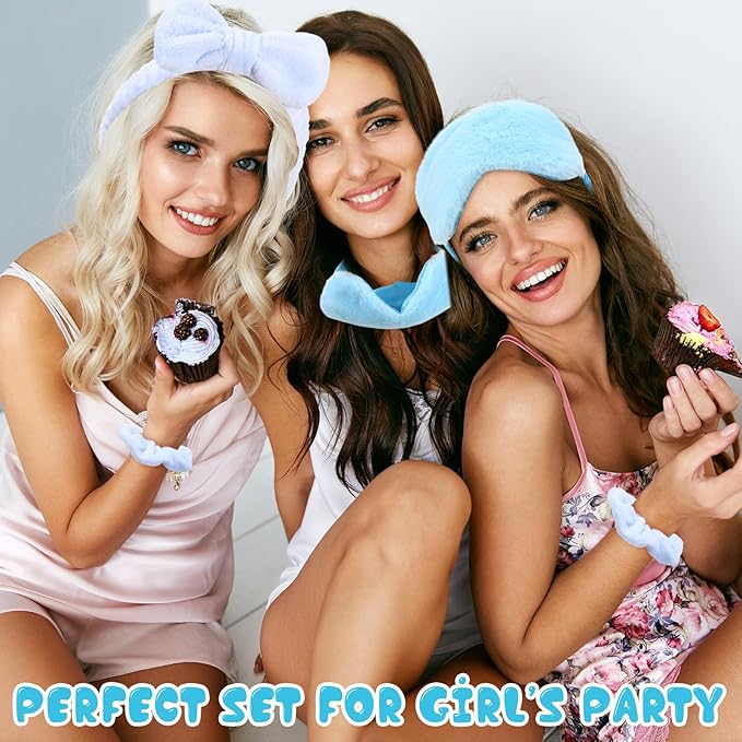 Hoteam 10 Pcs Spa Party Supplies Gift for Mother's Day Sleepover Party Favor Spa Headband Wristband Sleep Eye Mask Velvet Scrunchies for Skin Care Makeup Slumber Night Favor(Blue)