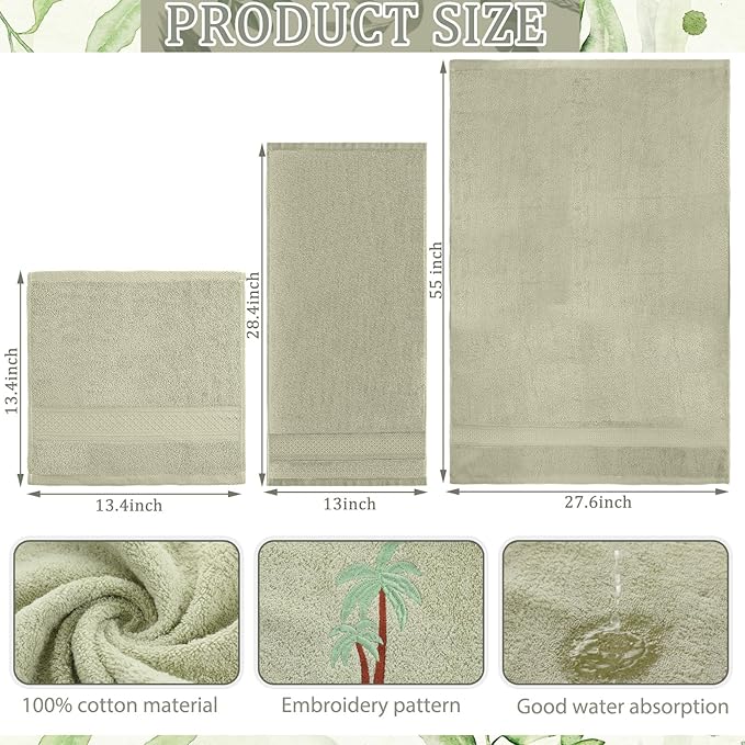 3 Pcs Summer Palm Tree Bathroom Towel Set Farmhouse Embroidered Palm Tree Towels Vintage Decorative 100% Cotton Bath Towel Highly Absorbent Elegant Summer Decor Set for Bathroom