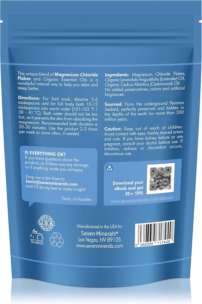 Seven Minerals SleepWell Magnesium Chloride Flakes 3lb – Absorbs Better Than Epsom Salt - Unique & Natural Full Bath Soak Formula for Healthy Relaxation - with Cedarwood & Lavender