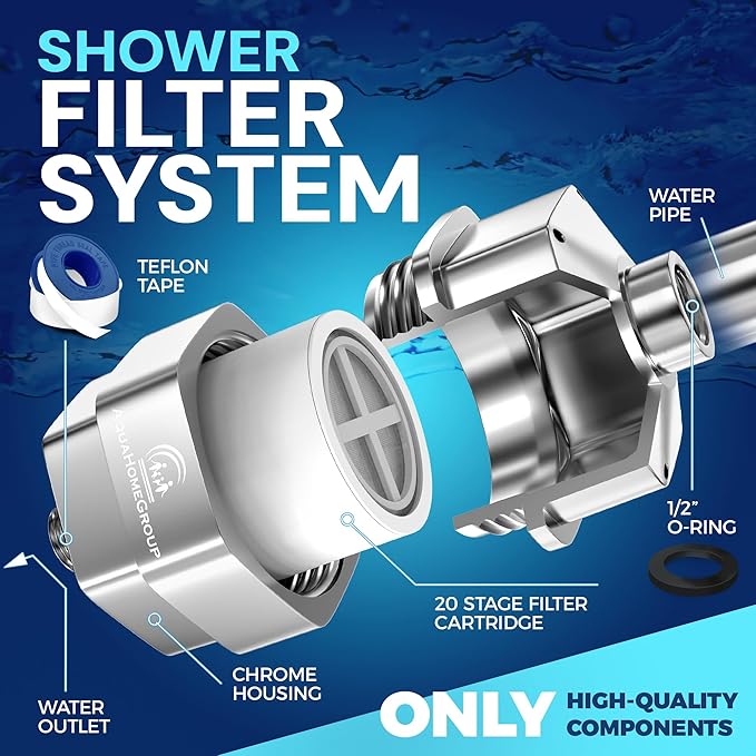 AquaHomeGroup 20 Stage Shower Filter - Reduces Chlorine, Heavy Metals and Sediment - Vitamin C and E - High Output - Universal Fit - Chrome