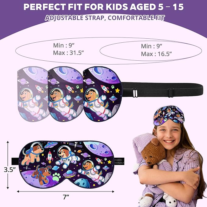Kids Silk Sleep Mask: 100% Mulberry Silk Eye Mask with Adjustable Strap, Soft Blackout Boys Girls Sleeping Mask, Cute Printed Blindfold for Travel/School/Bed, Gift for Ages 5–15 (Space Dog Style)