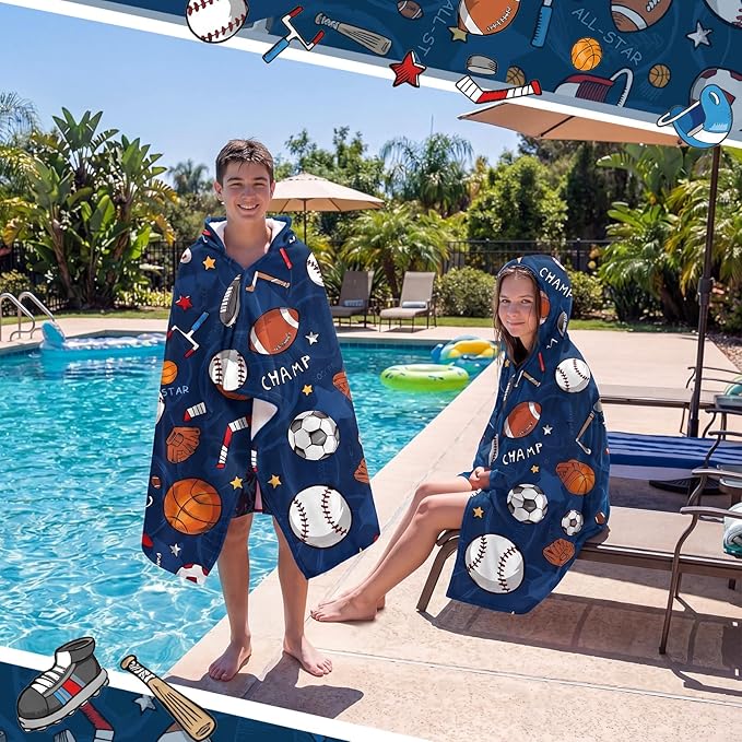 Peryiter 1 Pcs Ball Hooded Bath and Beach Towel 100% Cotton Pool Towels Wearable Bath Poncho Wrap for Swimming Shower Pool Travel Trips Vacations Absorbent Soft Beach Blanket