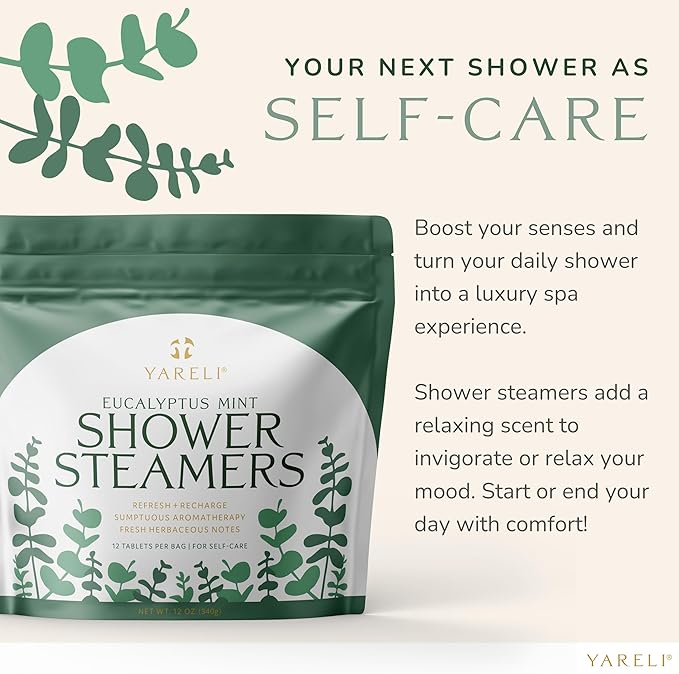 Yareli Eucalyptus Mint Shower Steamers Aromatherapy – Potent Essential Oils, Slow-Dissolve Tablets for Daily Shower Self-Care – Dye-Free, Made in USA – 12 Pack