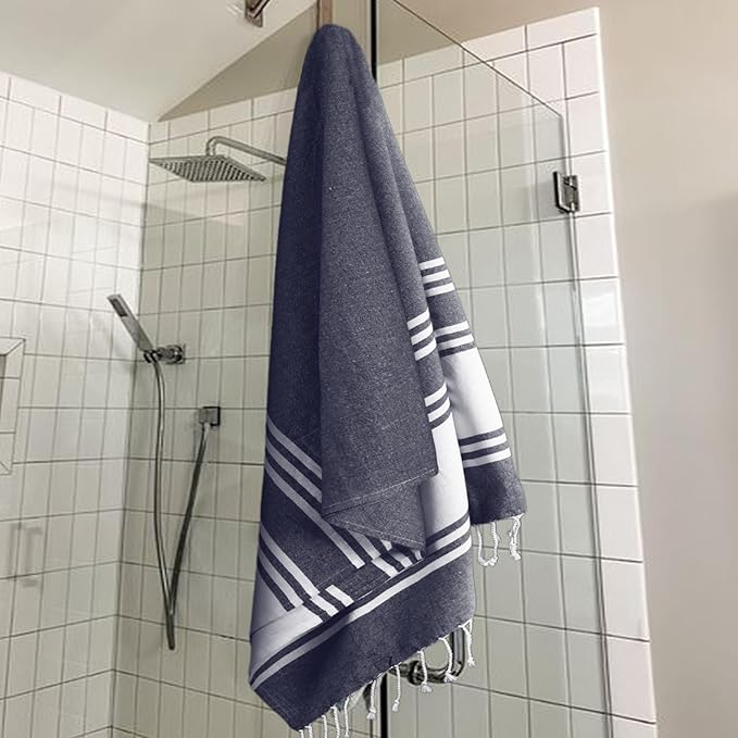 Goroly Home Cotton Turkish Peshtemal Beach Towel, Extra Large, Thin Quick Dry Sand Free Pool & Swim Towel, Bathing Blanket, Travel Essentials, (Dark Navy, 36x71 Inches)