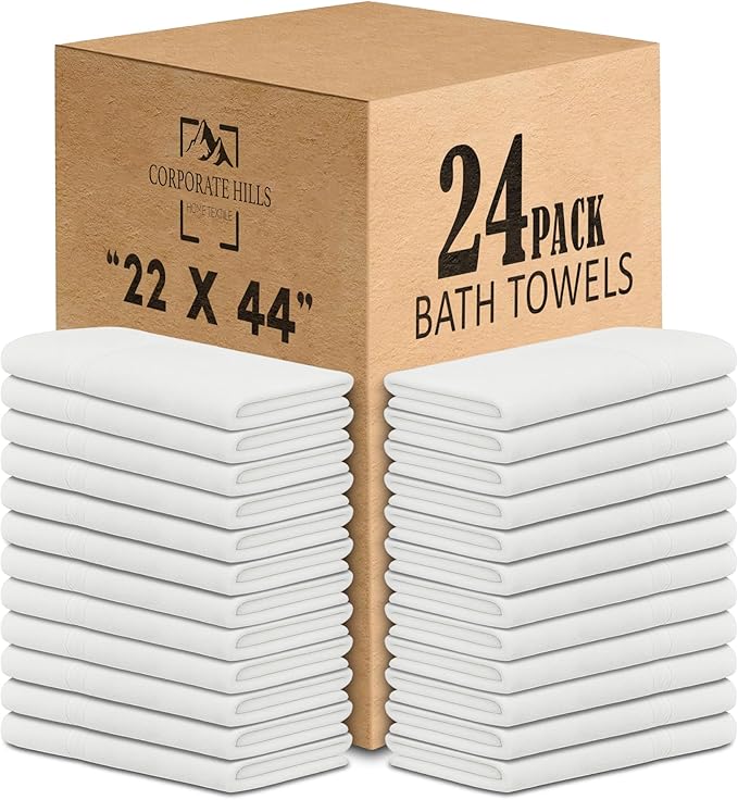 CH White Bath Towels Bulk Pack of 24 (22x44 Inches) – Pure Cotton Lightweight & Absorbent Towels for Airbnb, Hotels, Motels & Commercial Use