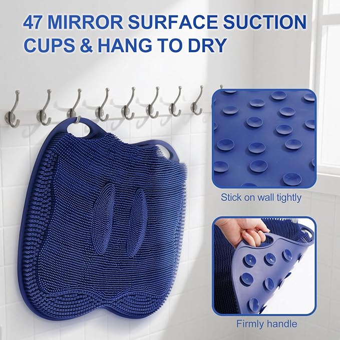 Shower Foot Scrubber Mat Large 2.0- Silicone Feet Toes Massage Exfoliate Cleaner Pad Long Brush Without Bending Non-Slip Suction Cups in Shower Floor Bathtub Foot Relax Spa 17.4 * 13" Navy Blue