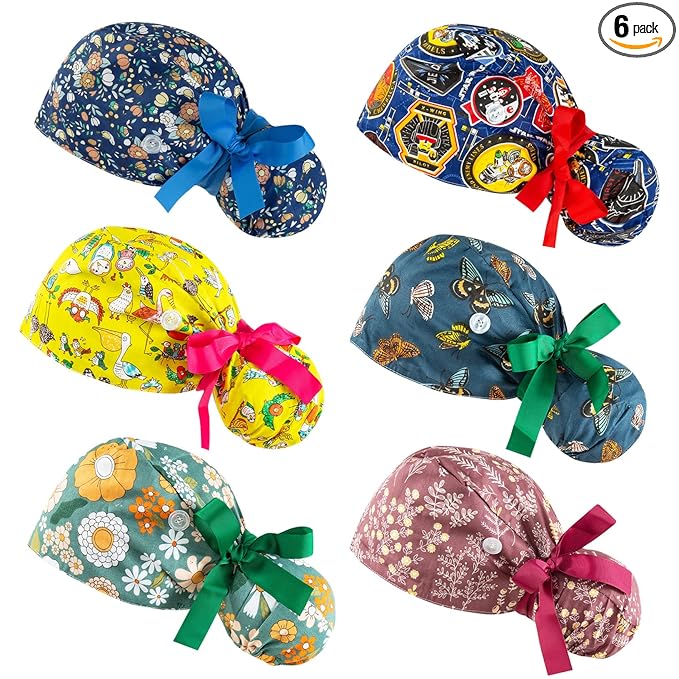 Scrub Caps Women Bouffant Scrub Hats Caps Nurses, Adjustable Working Cap Ponytail Pouch Tie Back Hats