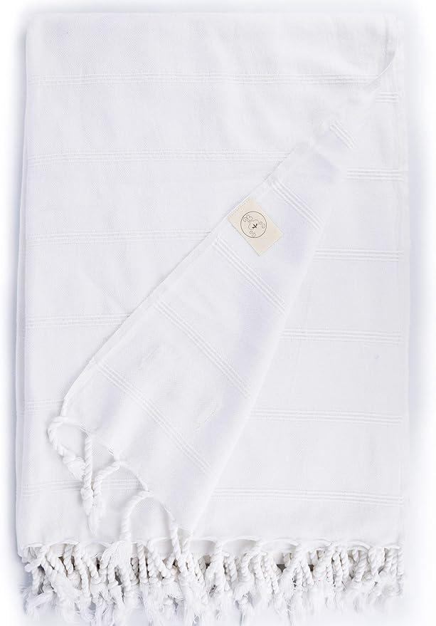 Bersuse 100% Cotton Troy XL Throw Blanket for Couch - 100% Cotton Lightweight Durable Throw Blanket, Big Blanket for Sensitive Skin, Decorative and Versatile - 59x81 Inches, White
