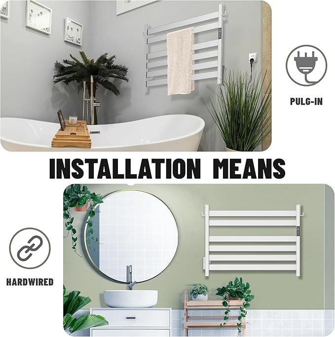 K&KALONZO Towel Warmer for Bathroom, Wall-Mounted 6-Bar Heated Towel Rack with Built-in Timer, Waterproof Electric Towel Heater, Support Plug-in and Hardwired, Brushed, EL18MN