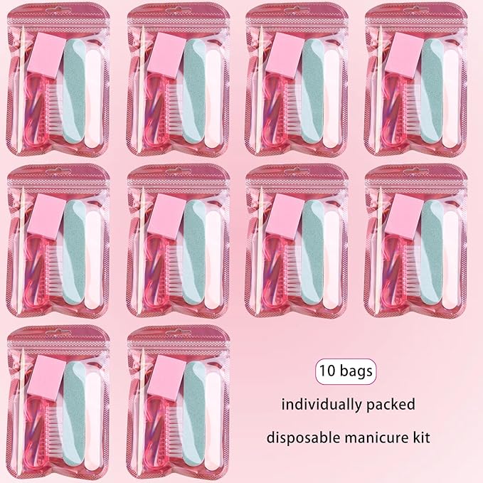 Fcozpjk Disposable Manicure Kit Basics 5PCS Nail Kit, Mini Nail Files Buffers Bulk Handle Grip Brush Orange Wood Stick Individually-Packed Pedicure Set for Fingernails Toenails Salon Supplies 10 Packs