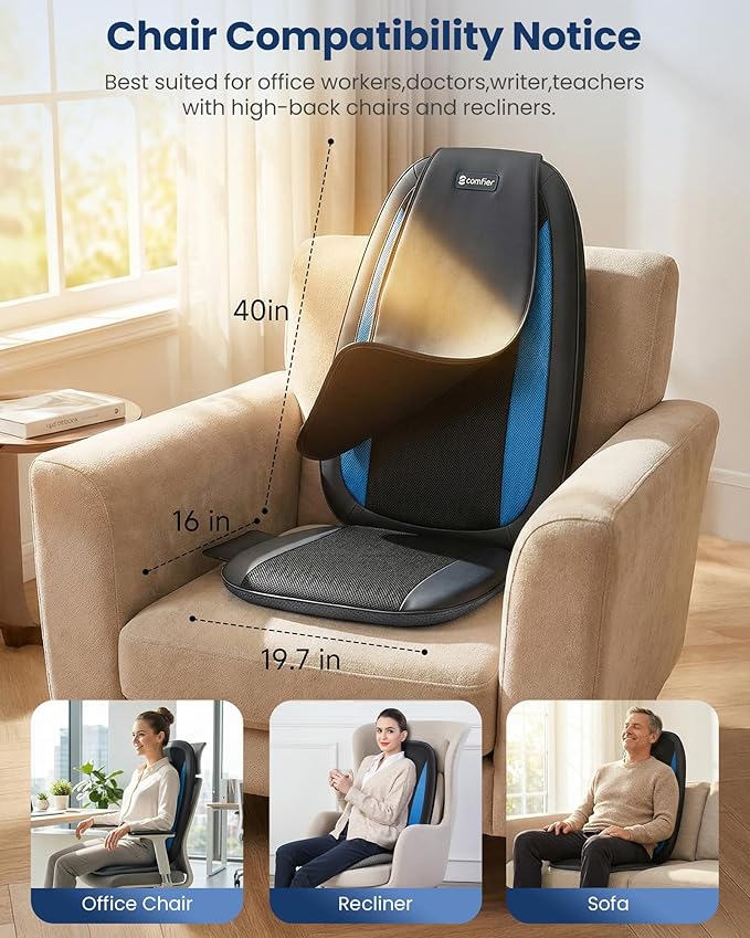COMFIER Shiatsu Back Massager with Heat,Deep Tissue Kneading Massage Seat Cushion,Massage Chair Pad for Full Back,Body Massager for Home or Office Chair use, Gift
