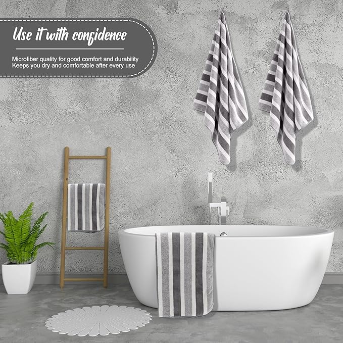 SmoothNovelty 16 Pack Microfiber Bath Towels Bulk 27'' x 60'' Oversized Size Bath Towel Highly Absorbent Extra Large Soft Drying for Beach Shower Summer Salon Sport Gym Party (Stripes,Grey)