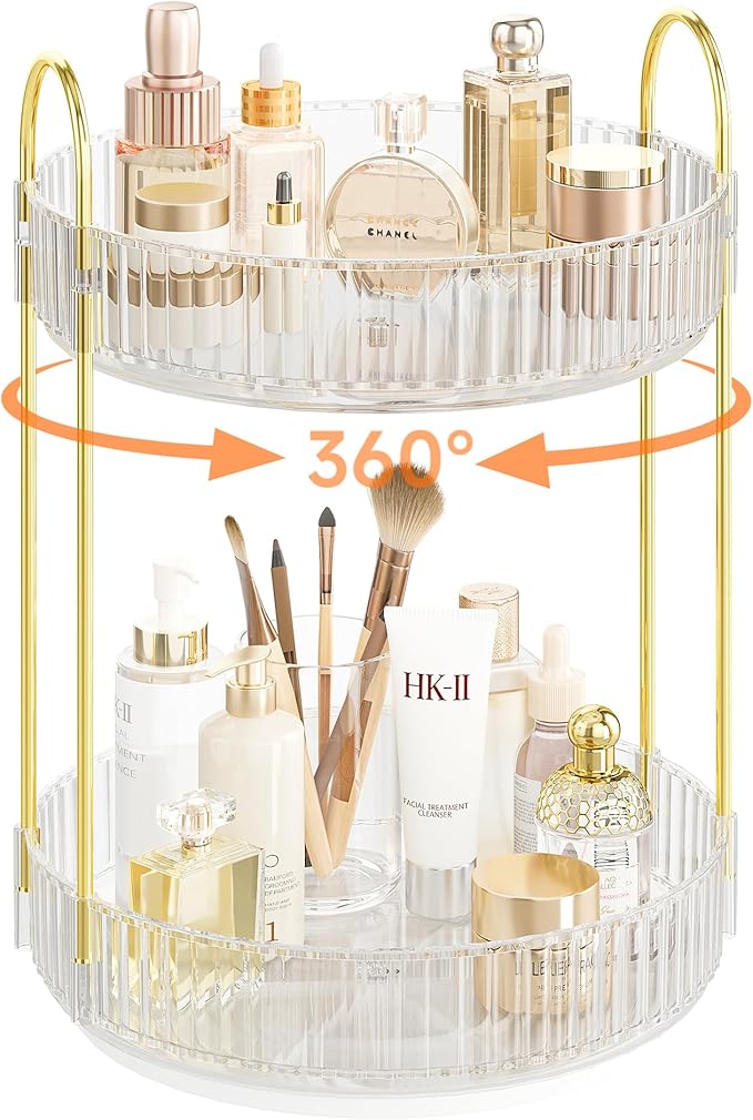 Rotating Makeup Organizer Countertop,Skincare Organizers,Spinning Perfume Tray Stand,Makeup Storage Organizer for Vanity,Bathroom Organizer and Storage,Lazy Susan,2 Tier,Clear