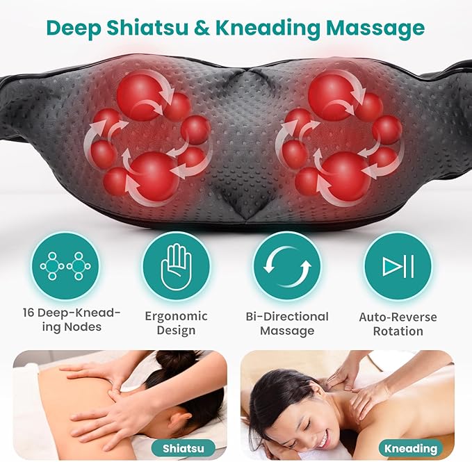 Nekteck Shiatsu Neck Massager with Heat for Pain Relief Deep Tissue, 2026 Upgraded Back Shoulder Kneading Massage Pillow with Storage Bag, Body Relaxation Gifts for Men Women Mother's Day Father's Day