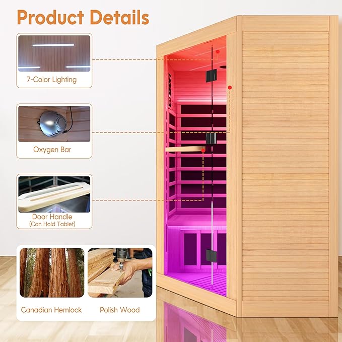 OUTEXER 2-3 Person Sauna Corner Sauna Far Infrared Saunas Room Home Canadian Hemlock Indoor 2100W Low-EMF Dry Saunas with 7 Color Therapy 47.2 * 47.2 * 74.8inch