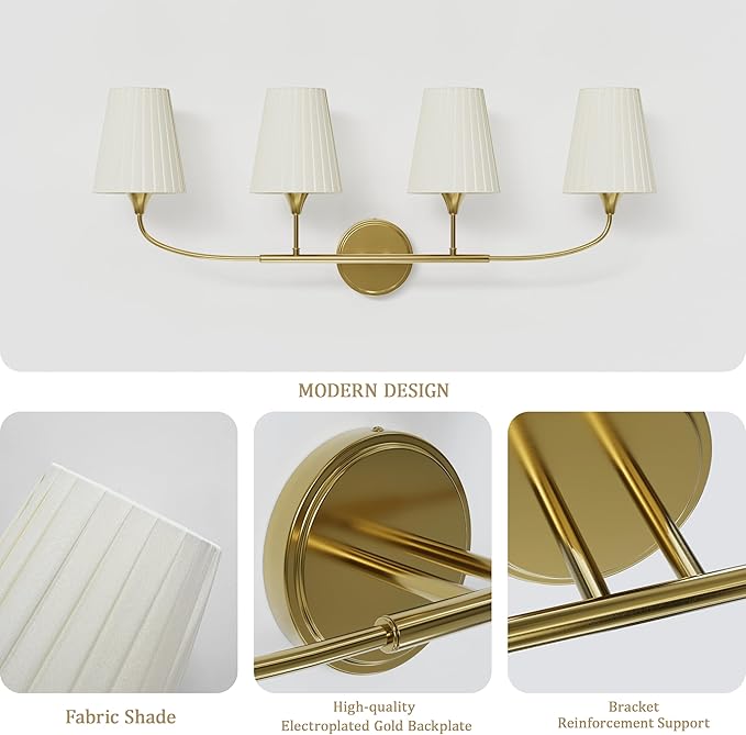 4-Light Bathroom Light Fixtures, Gold Bathroom Vanity Light Over Mirror, Modern Light Fixtures with Flared Fabric Shade for E26 Bulbs, Wall Sconce Light for Bedroom, Hallway with ETL