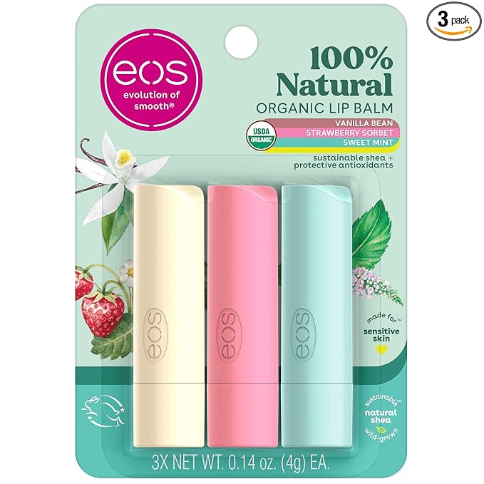 eos 100% Natural & Organic Lip Balm Trio- Vanilla Bean, Sweet Mint, & Strawberry Sorbet, Made for Sensitive Skin, Lip Care Products, 0.14 oz, 3-Pack