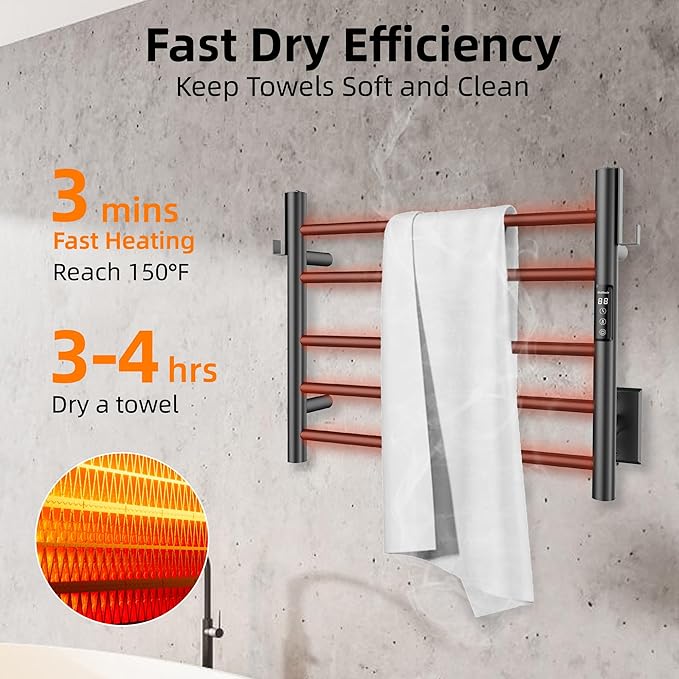 P&Dlusir Towel Warmer, Heated Towel Rack with Smart Timer and Thermo Control, Wall-Mounted Heated Towel Rail, Stainless Steel, Hard-Wired/Plug-in, Matte Black, 5 bar