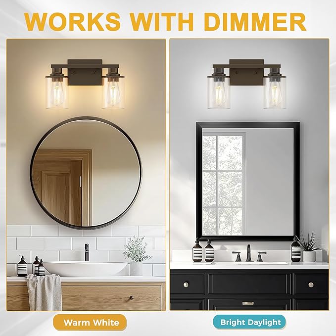L LOHAS LED 2-Light Bathroom Light Fixtures, Black Vanity Light with Clear Glass Shade, Vanity Lights for Bathroom, Black, ETL Listed