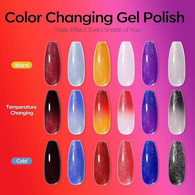 modelones Color Changing Gel Nail Polish Set, 6 Colors Temperature Changing Mood Red Black Blue Glitter Gel Polish Colors Collection Soak Off Holiday Salon DIY at Home