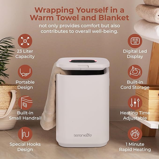 SereneLife Towel Warmer Bucket - Compact 23L Bathroom Towel Heater with Essential Oils Disc Holder, Adjustable Timer, Auto Shut-Off, Power Cord Storage & LED Display, Fits 2 Oversized Towels (White)