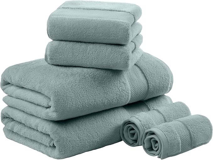 Madison Park Turkish 100% Cotton 600Gsm Luxury Premium Thick Soft Absorbent Hotel Bathroom Towel Set Shower Hand Face Washcloths, Assorted Sizes, Blue 6 Piece